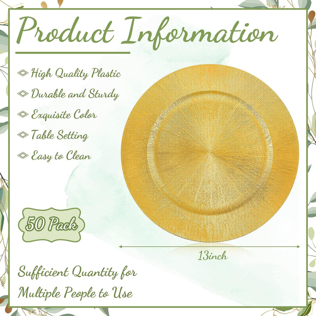 Gold Charger Plates Bulk, 13" Round Plastic Dinner Charger Plate, Shiny Golden Table Chargers Serving Plates - Set of 50