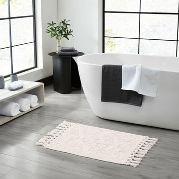 Pierre - Ricardo Bath Mat, Woven Fringe Bathroom Rugs, 100% Cotton, Premium Bathroom Decor - Measures 17" x 31"