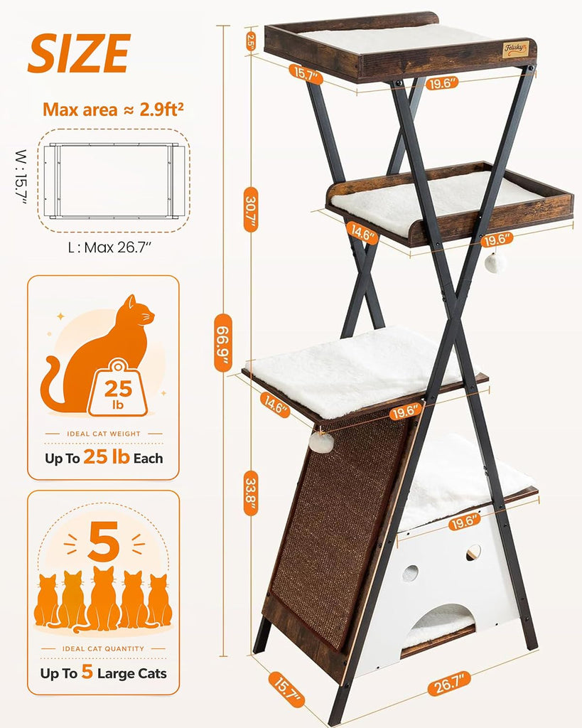 Modern Wood Cat Tree Tower for Indoor Cats Large Adult 67-in Tall