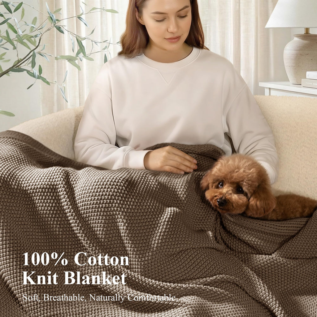 100% Cotton Cable Knit Throw Blanket, Lightweight Soft Knit Blanket for Sofa Couch Bed, Breathable All-Season Throw