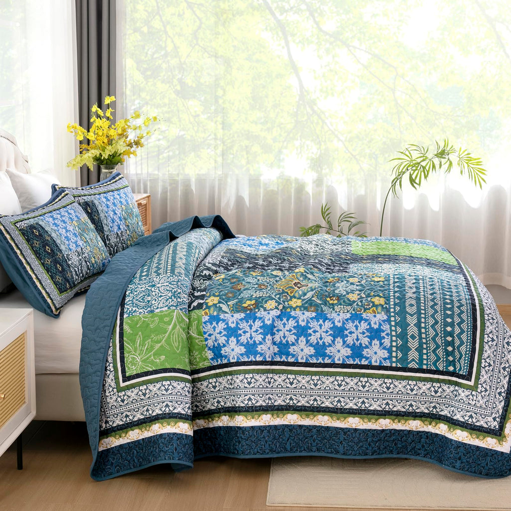 Boho Quilt, 3 Pieces Teal Patchwork Quilt Soft Coverlet Reversible Lightweight Farmhouse Quilts with 2 Pillow