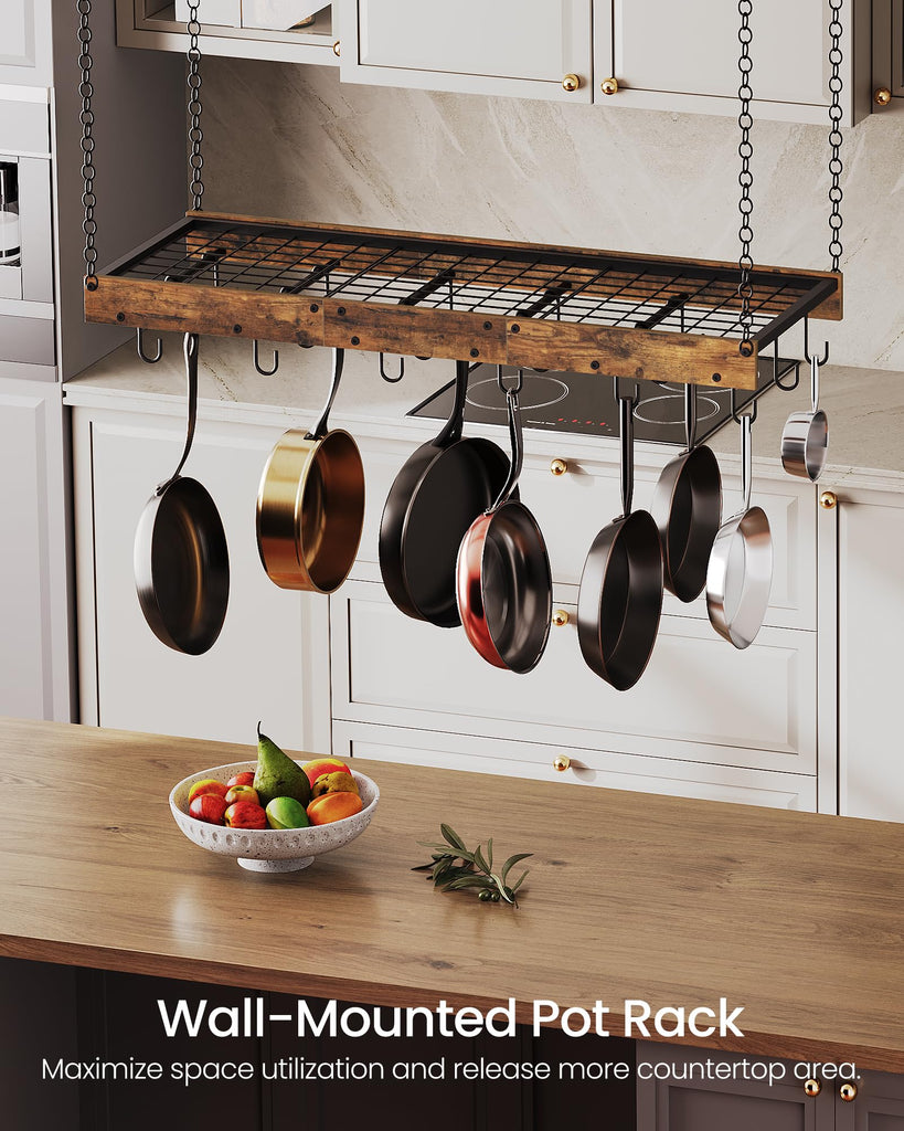 Hanging Pot Rack, Ceiling Wall Mounted Pot Rack, Industrial Style Pot Hanger with 18 Hooks, Cookware Storage