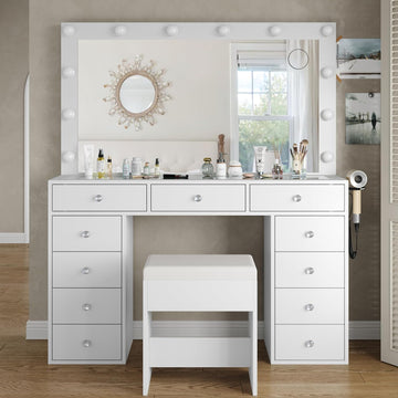 Vanity Desk & Power Outl, Makeup Vanity with Mirror and 12 LED Lights, Makeup Table with 11 Drawers, Vanity Table