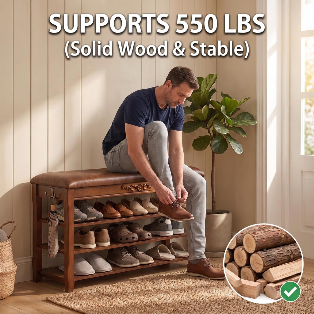 Solid Wood Shoe Rack Bench Entryway Storage with Leather Cushion, 31.5"