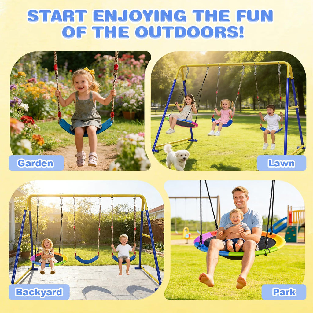 Swing Set for Backyard 3-in-1, 600lbs with 1 Saucer and 2 Belt Swing