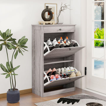 Shoe Rack Cabinet 2 Flip Drawers, Entryway Shoe Storage, Wash Grey