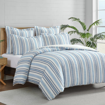 Seaside Stripes Textured Comforter Set (90x94in) with 2 Pillowcases (26x20in) - Coastal Stripe - Blue
