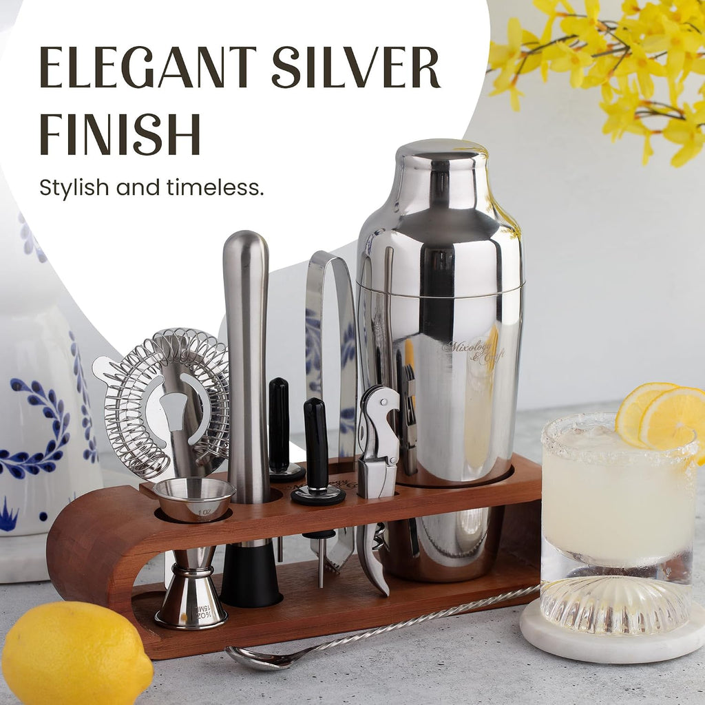 Cocktail Shaker Set with Dark Bamboo Stand - Professional 10-Piece Bartender Kit - Complete Bar Set & Cocktail Mixer