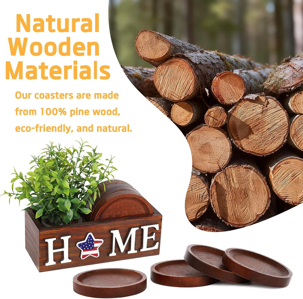 Wood Coasters for Drinks with Holder for Table Decor - Set of 4