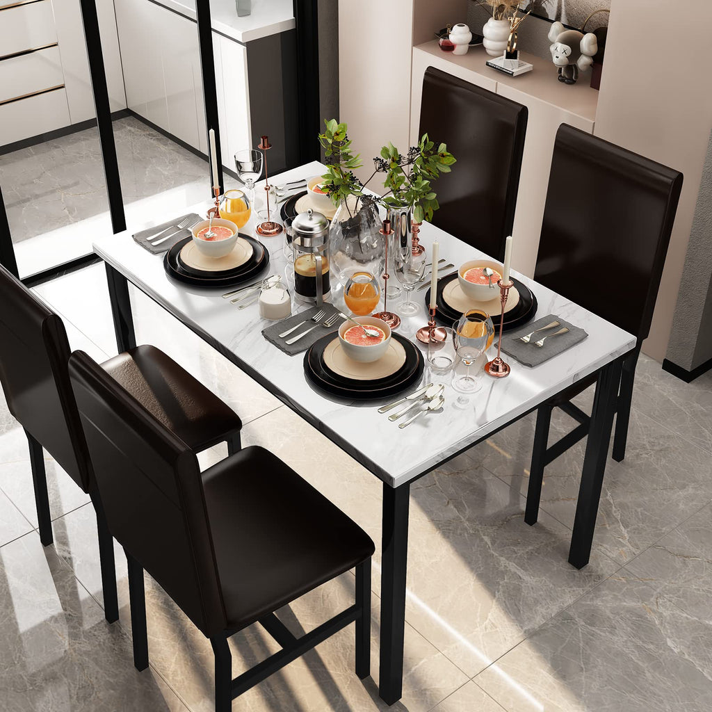 Dining Table Set for 4, Faux Marble Table and 4 PU Leather Chairs, Kitchen Table and Chairs for 4, Modern Dining Room