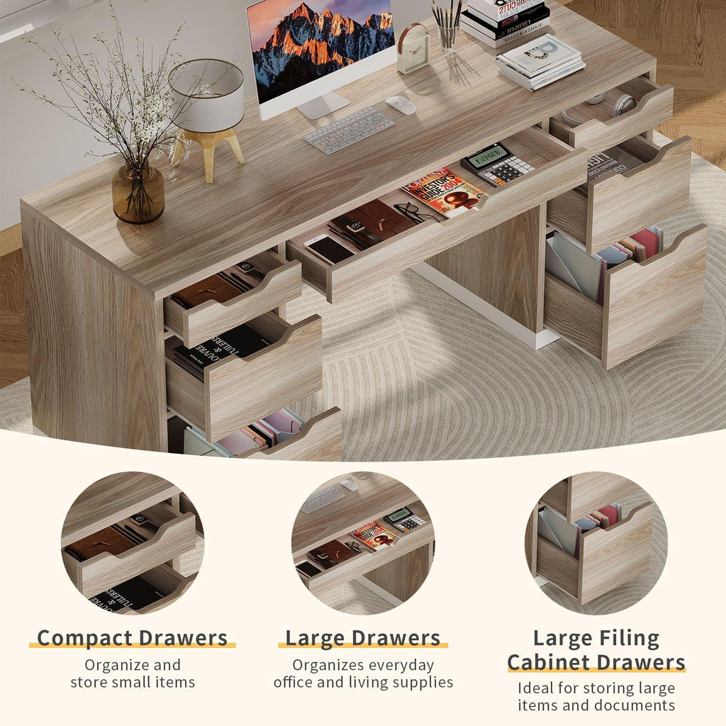 Home Office Desk with Drawers, 54 Inch Computer Desk with Storage, Study Writing Desk with 7 Drawers for Small