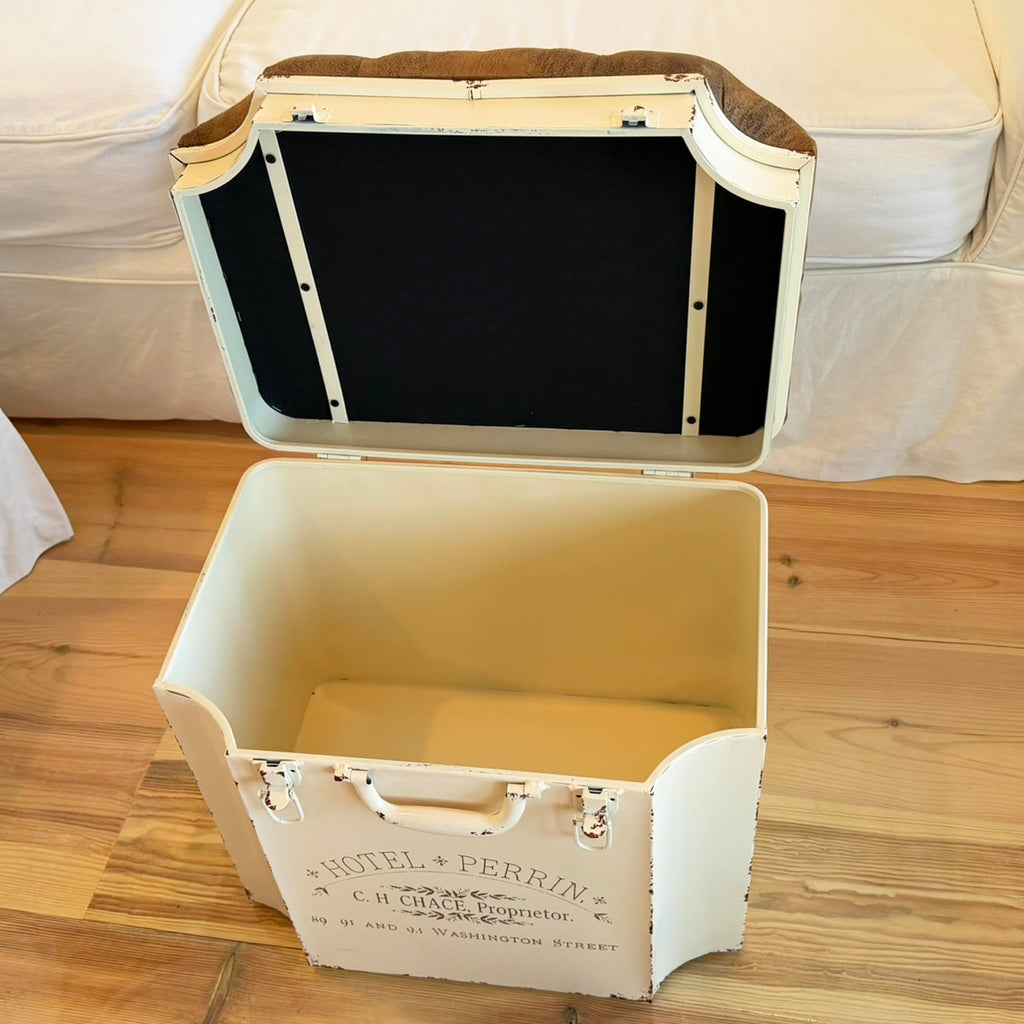 Vintage Steamer Trunk Storage Ottoman, Faux Leather