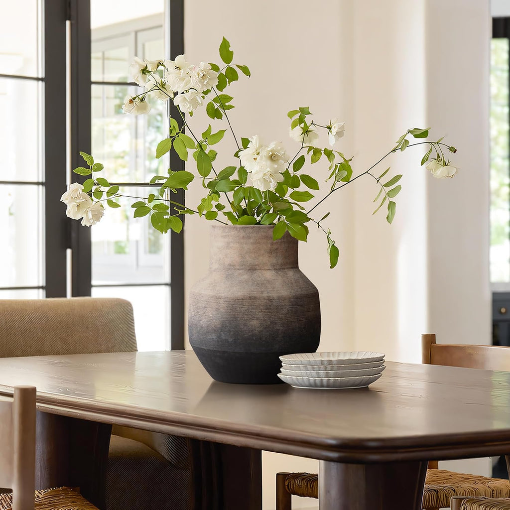 LuxenHome Round Ceramic Flower Vase, 13 Inch Brown Terracotta Vases | Vintage Large Pottery Decor Entry Way Table
