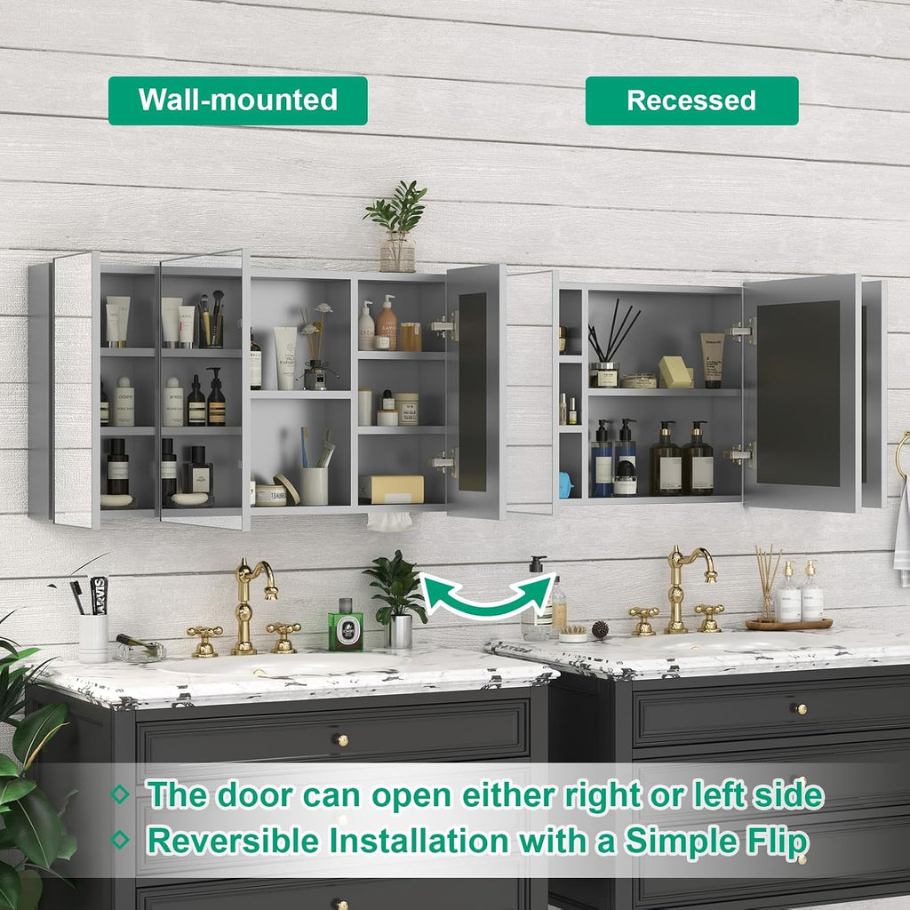 40 x 28 Farmhouse Medicine Cabinet, Tempered Frameless Bathroom Mirror with Storage, Silver Recessed or Surface Mount