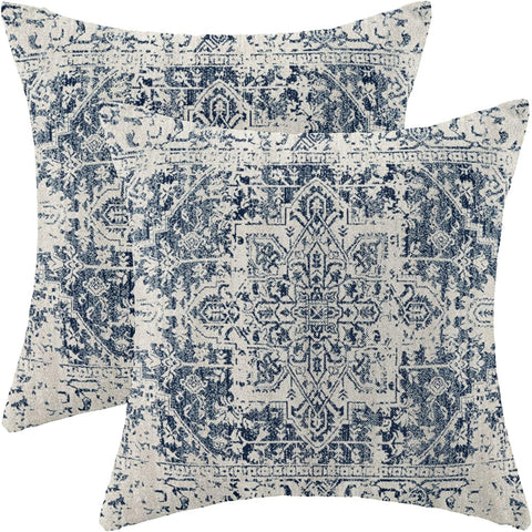 Boho Pillow Covers 20x20 Set of 2, Ethnic Design Decorative Throw Pillows Linen Blue Carpet Pattern Farmhouse Cushion