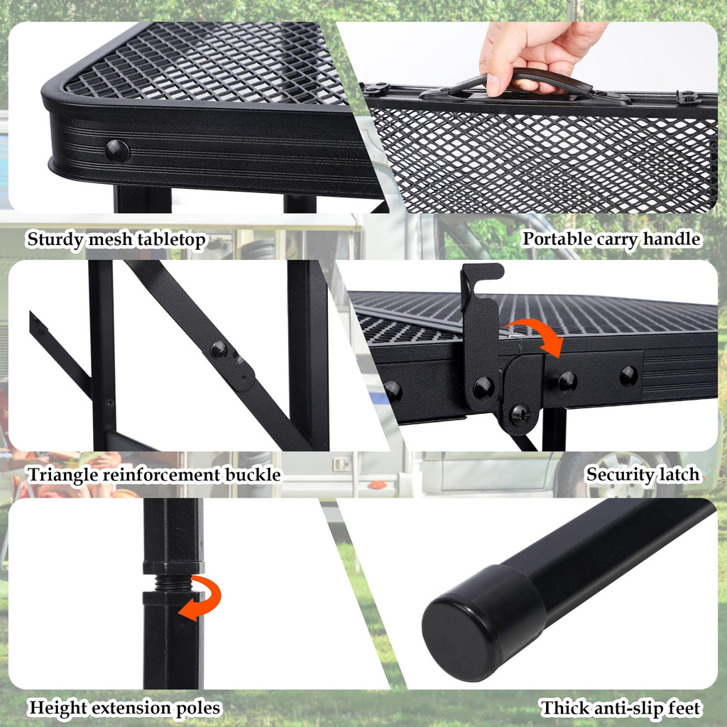 Small Folding Table, Camping Table with Mesh Desktop, Portable Picnic Table with Carry Handle, Height Adjustable
