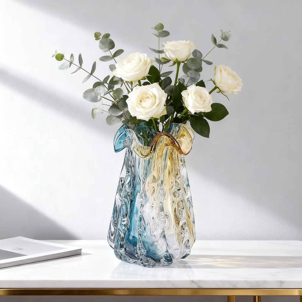Turquoise Glass Vase, Hand Blown Wide Mouth Teal Blue Glass, Murano Style Modern Art, Art Deco Contemporary