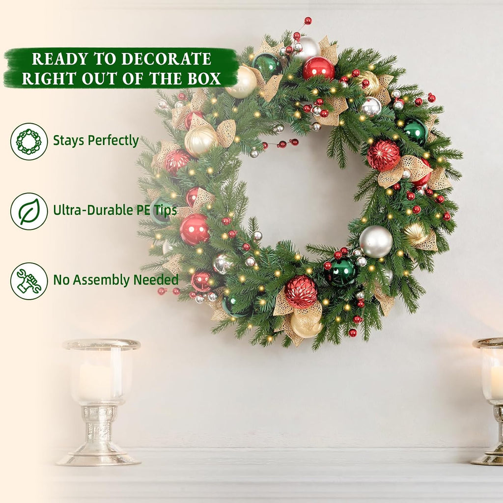 32 Inch Pre-Lit Christmas Wreath with 60 Warm White LED Lights and Timer, Battery Operated Artificial PE & PVC Wreath