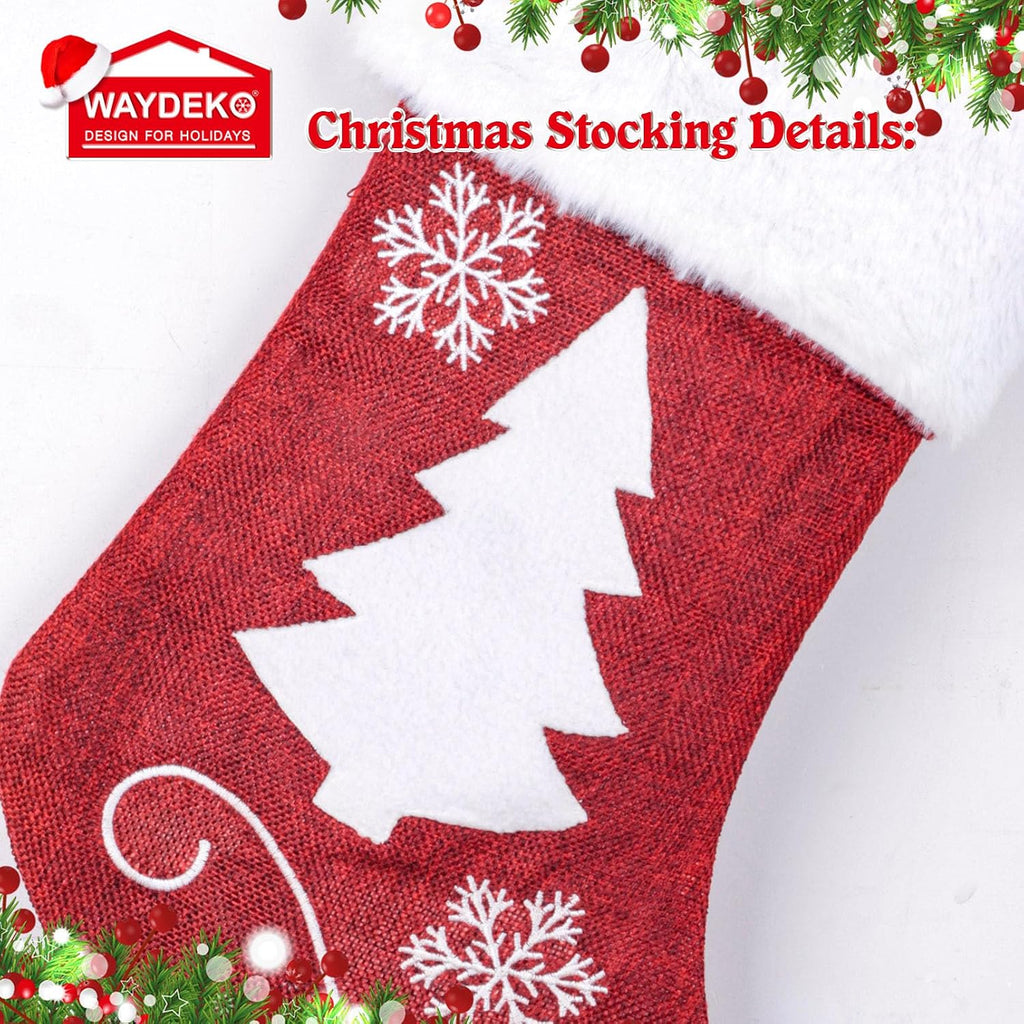 Christmas Stockings Set of 4 Embroider Deer Christmas Tree Snowflake Fabric Cuff Gift Bags for Kids Holiday Fireplace