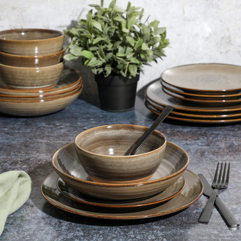 16 Piece Dreamweaver Double Bowl Terracotta Reactive Dinnerware Set - Earthy Brown, Service for 4 (16pcs)