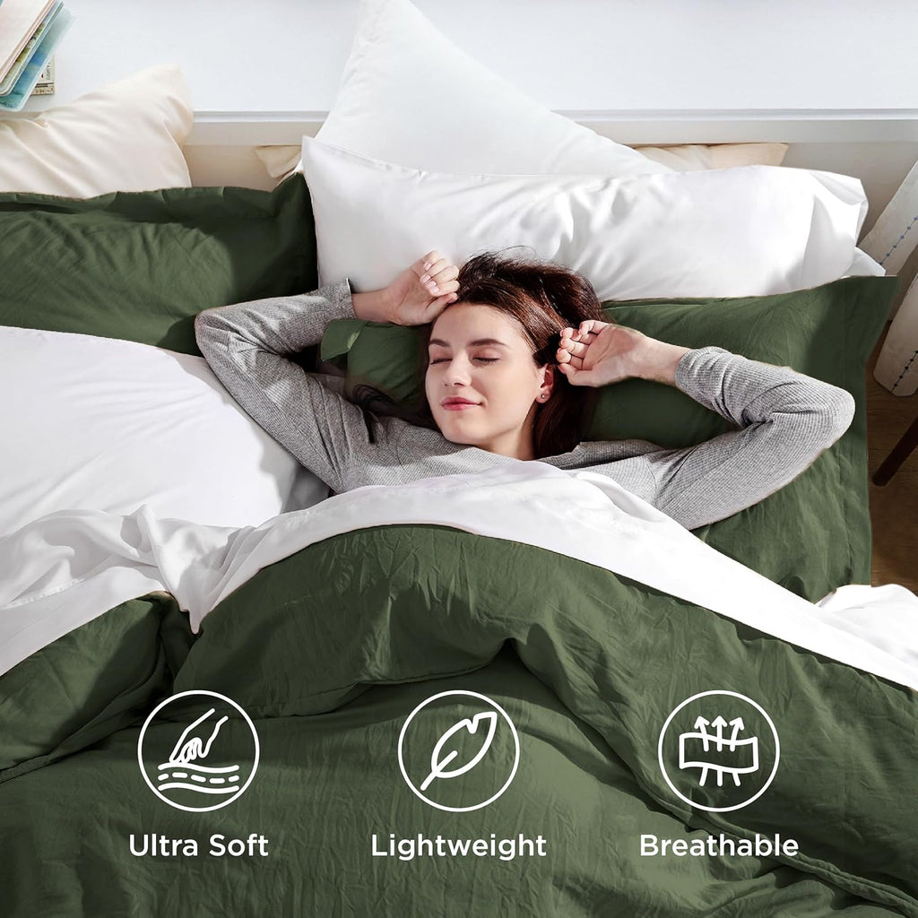 Olive Green Duvet Cover Queen - 3 Pieces Prewashed Cotton-Like Polyester Extra Soft Bedding Set, Includes 1 Duvet