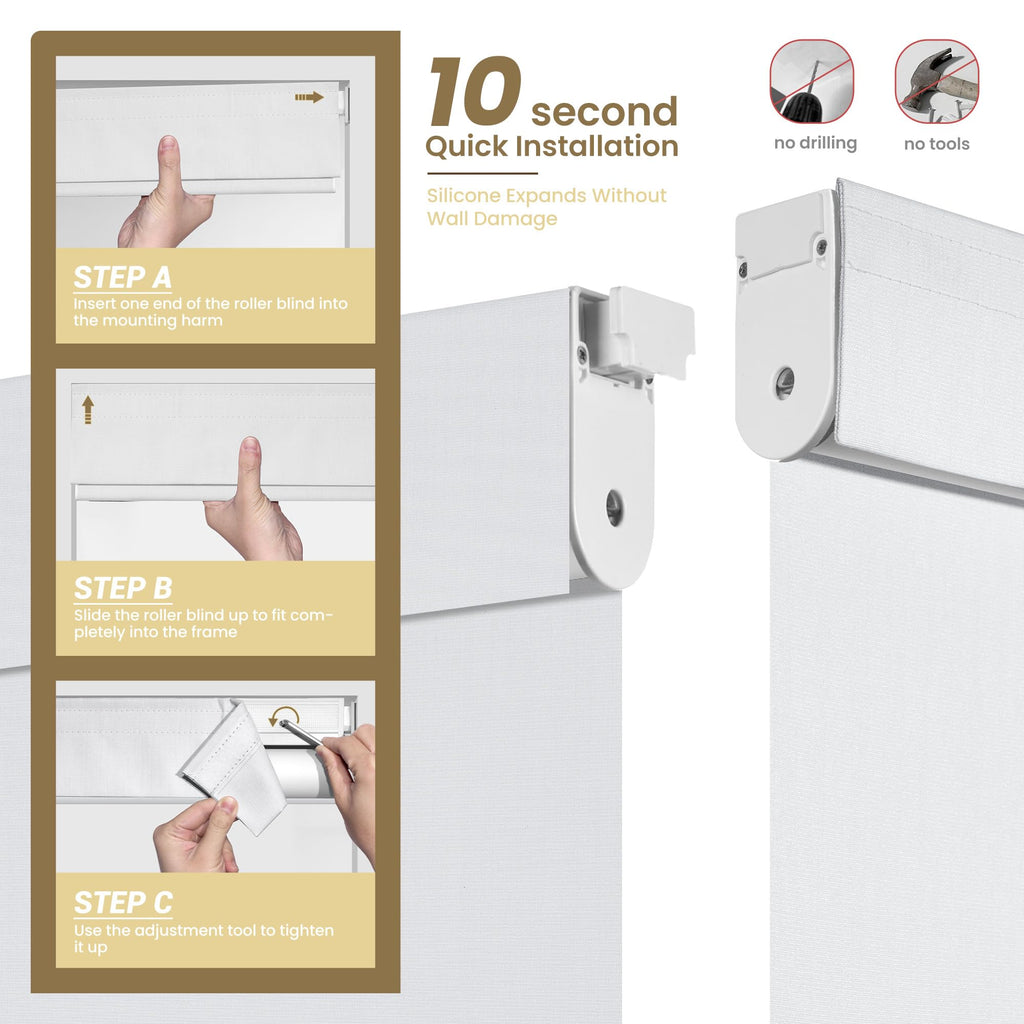 No Drill No Tools Blackout Roller Shades for Windows, Cordless Roller Blinds with Linen Fabric-Matched, Easy to