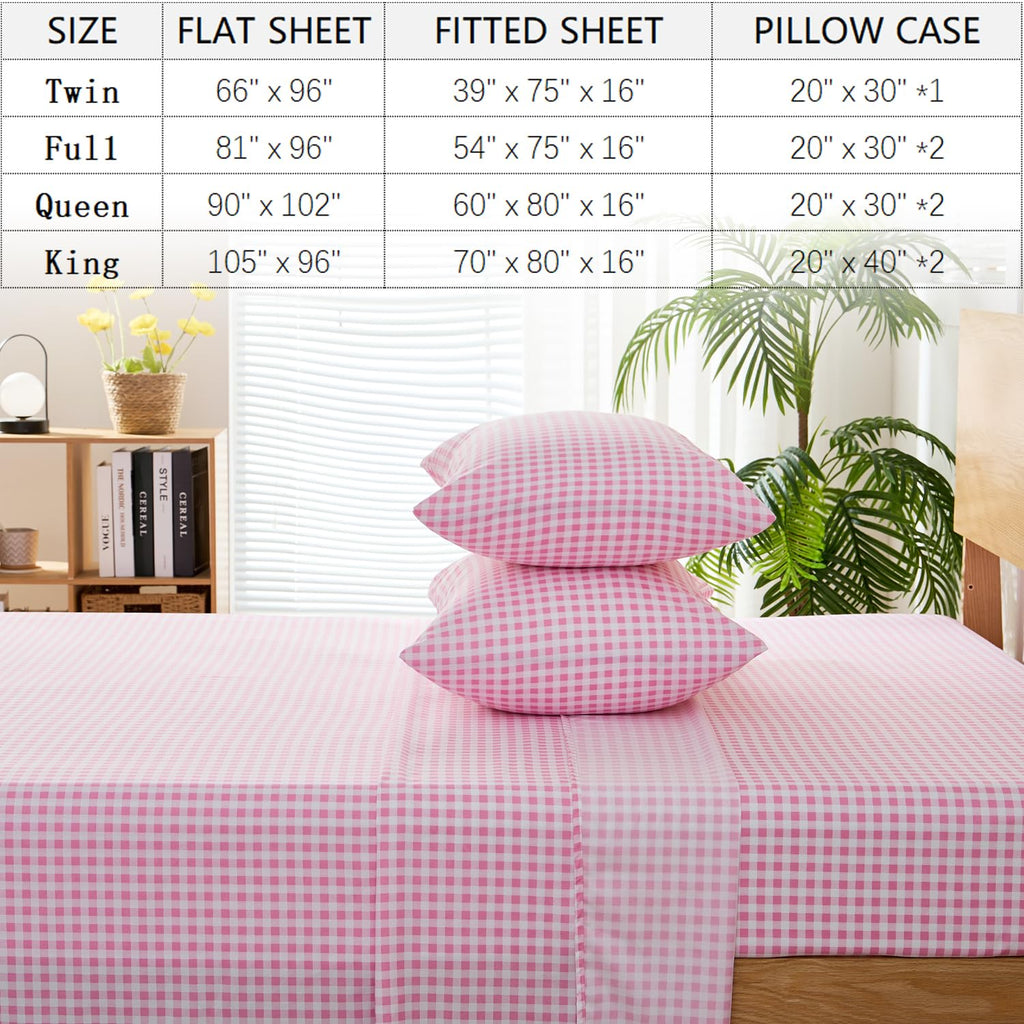 Pink Gingham Sheet Set, 4-Piece Soft Brushed Microfiber Bed Sheets - 16" Deep Pocket Fitted Sheet, Wrinkle &