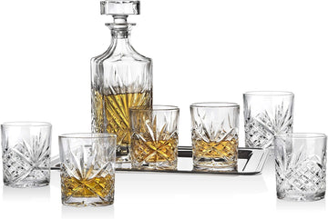 Dublin Whiskey Bar Set - Includes Whisky Decanter, 6 Old Fashioned Tumbler Glasses and Mirrored Display Tray - Set of 8