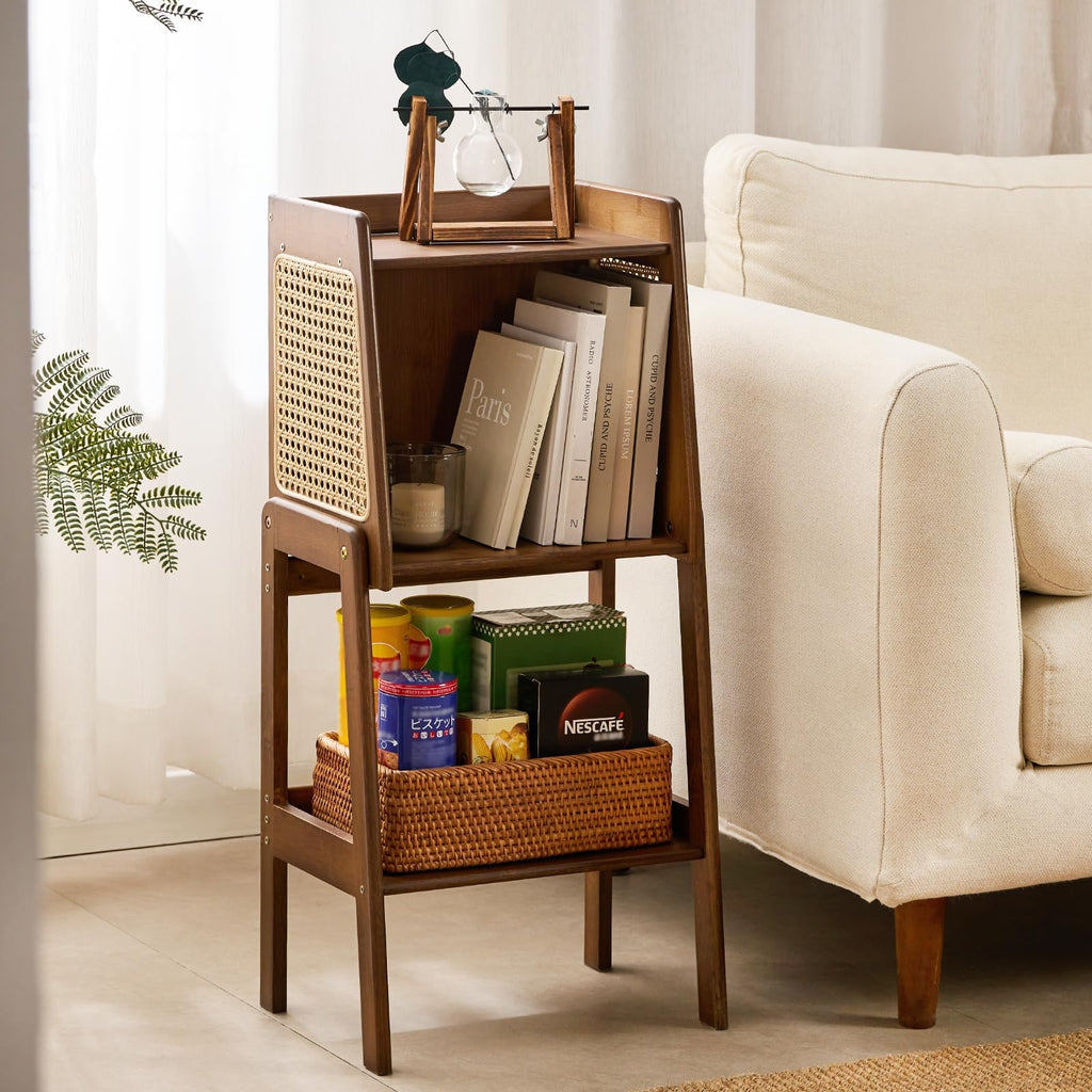 Bamboo Rattan Bookcase with Cabinet, 2-Tier Wicker Bookshelf, Walnut