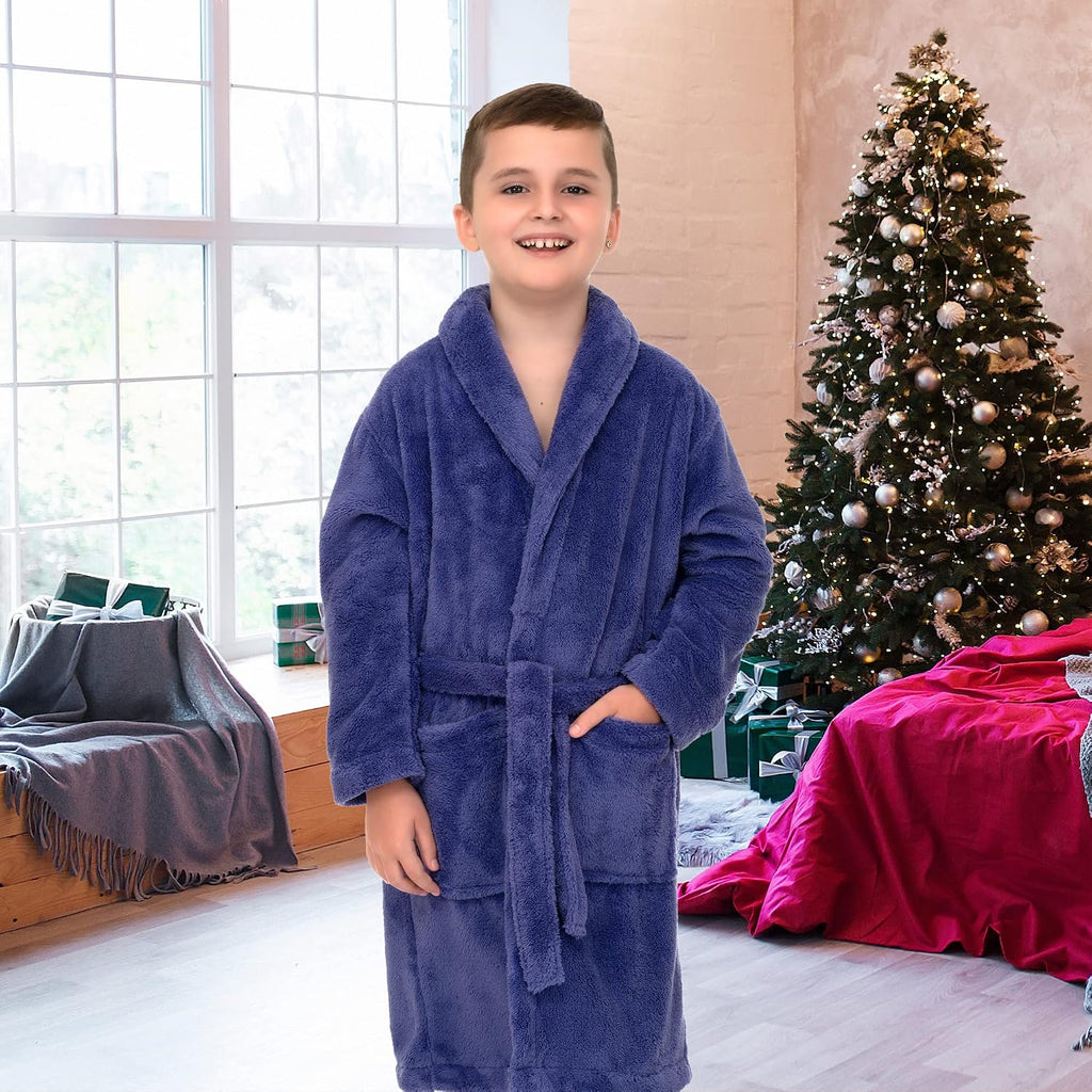 Boys Robe, Kids Plush Shawl Fleece Bathrobe