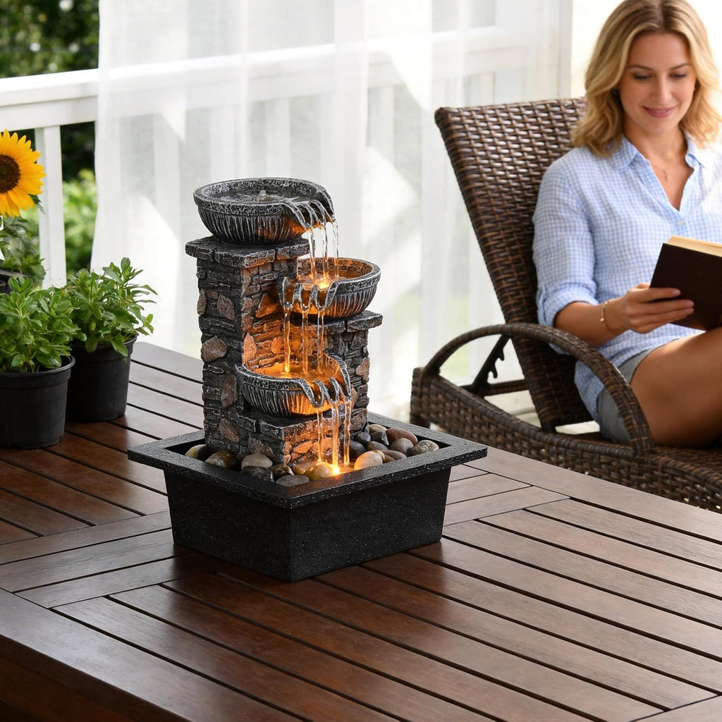 Tabletop Fountain 3 Bowls with LED Light Soothing Water Flowing Sound Fountain Zen/Meditation Decor Home Décor