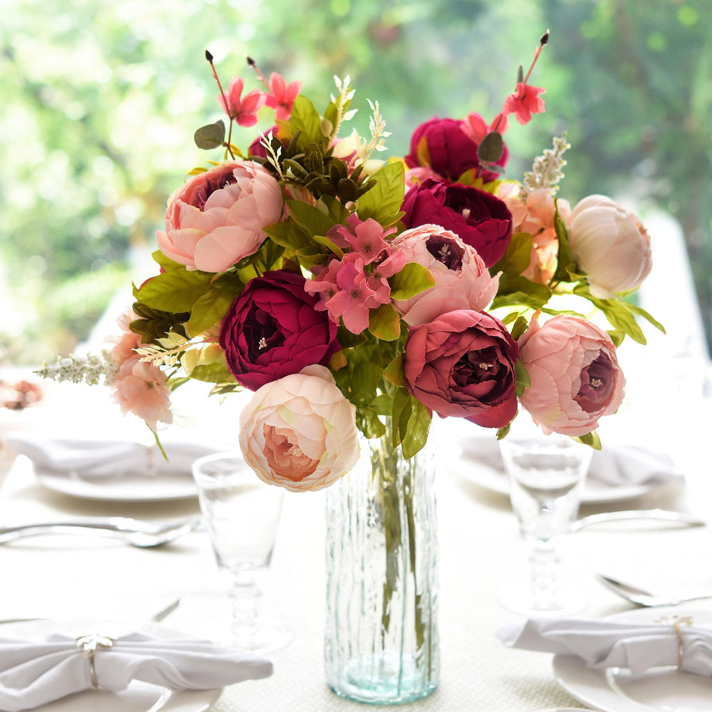 Pinkish Red and Dusty Pink Vintage Artificial Peonies Silk Flowers and Hydrangeas for Wedding Bridal Home Decor