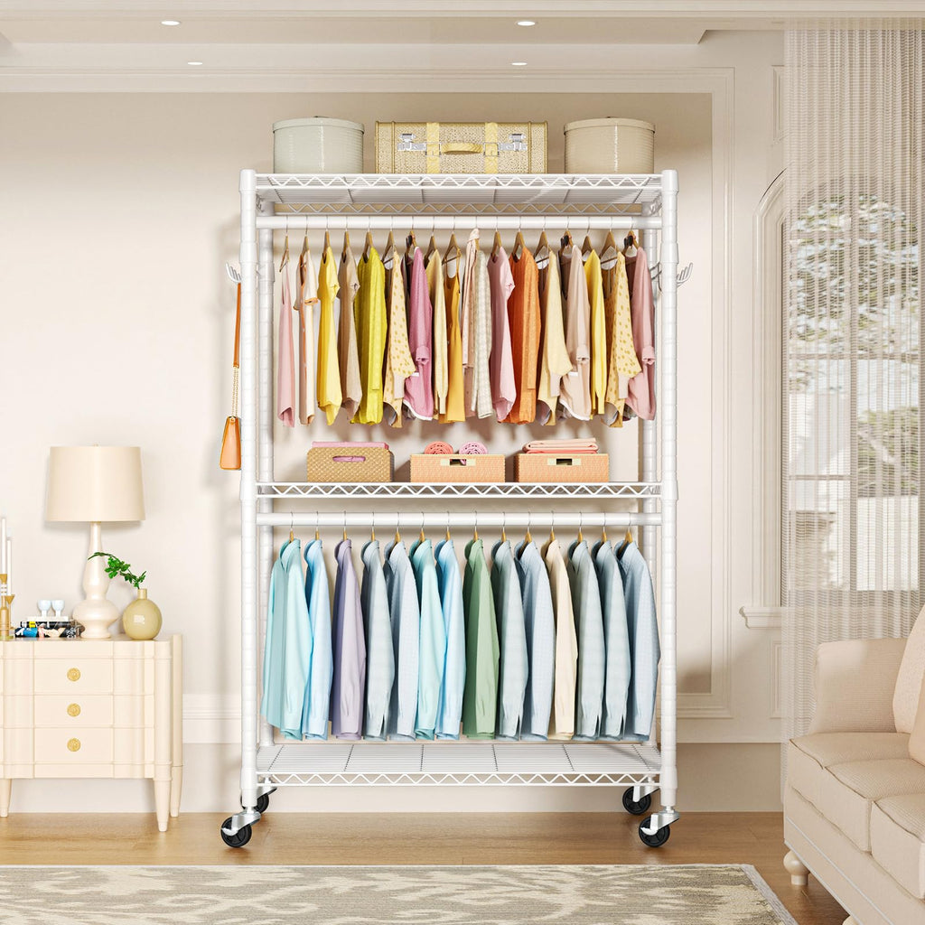 P1 Plus Rolling Clothes Rack, 22mm Diameter Heavy Duty Garment Rack