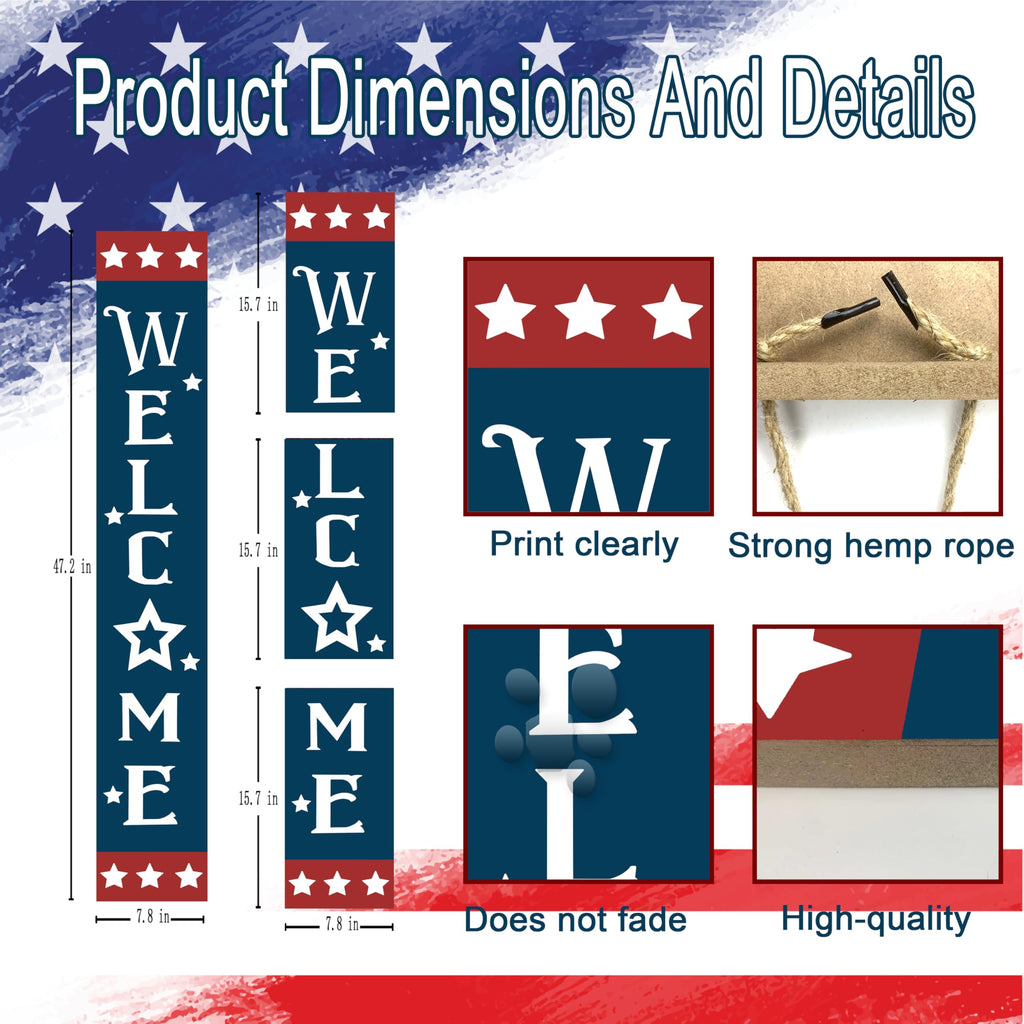 Patriotic Wooden Porch Sign 47" 4th of July Independence Day Large Welcome Sign Memorial Day Vertical Indoor Outdoor