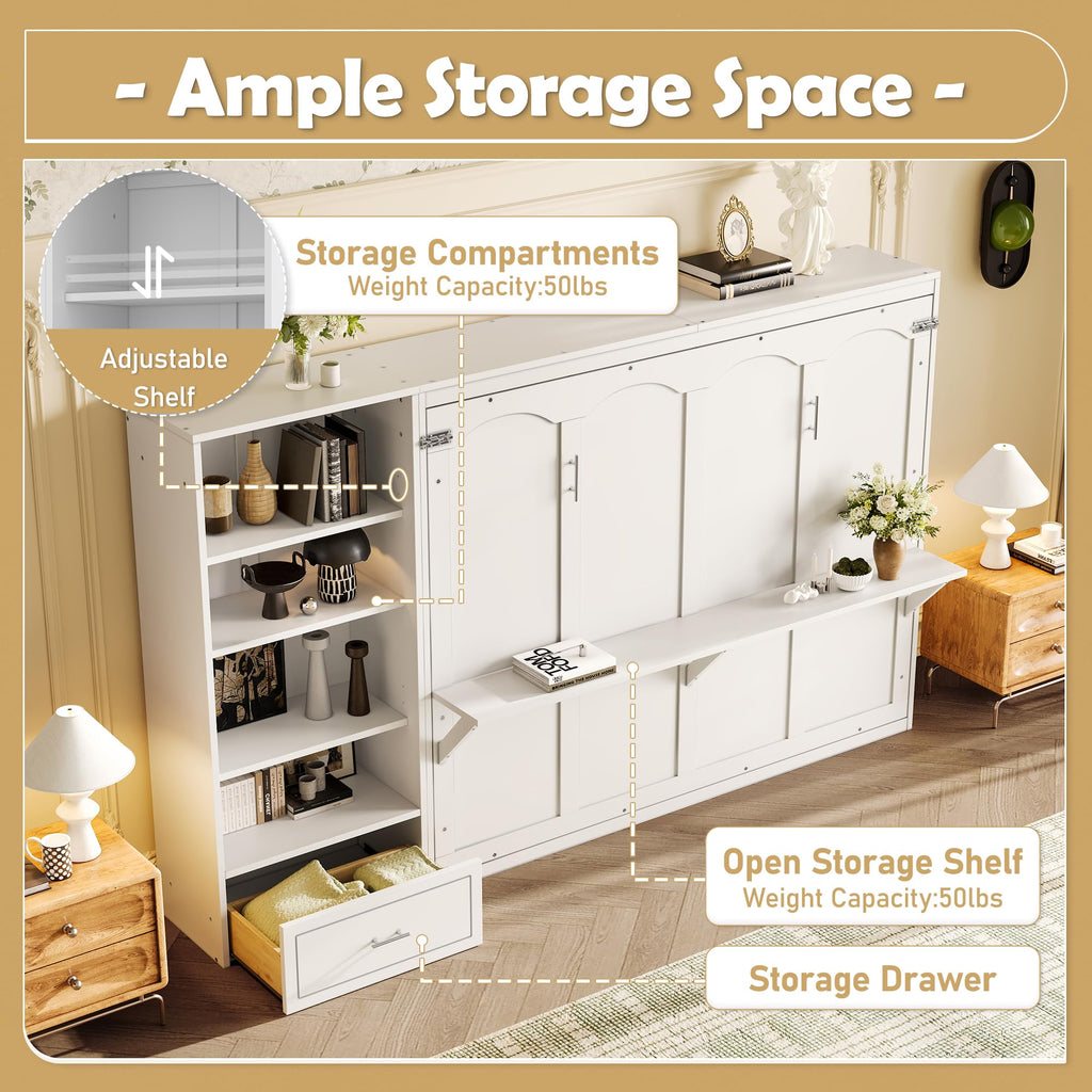 Queen Size Murphy Bed with Height Adjustable Storage Compartments and Shelf, Wall Bed Frame with 1 Drawer, Foldable