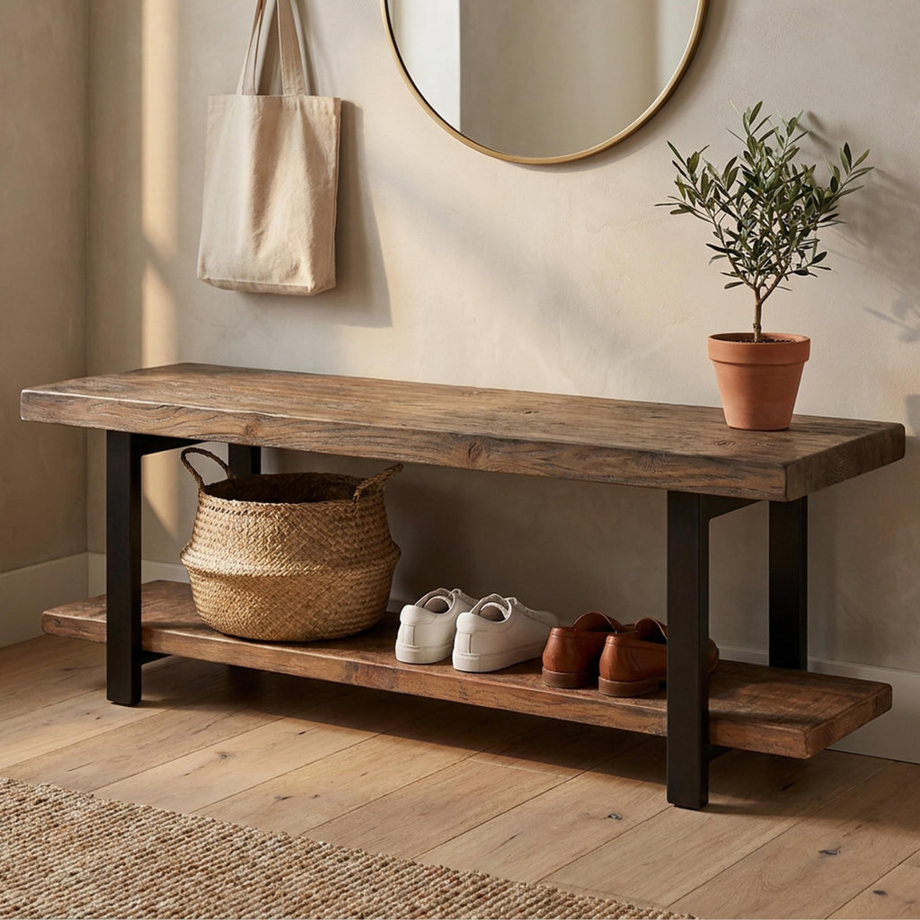 Pomona Entryway Bench with Shoe Rack, Rustic Brown, 48"