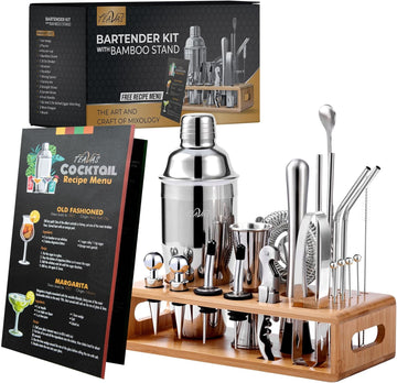 Mixology Bartender Kit with Japanese Jigger & Bamboo Stand - 25 Piece Stainless Steel Cocktail Making Set, Shaker