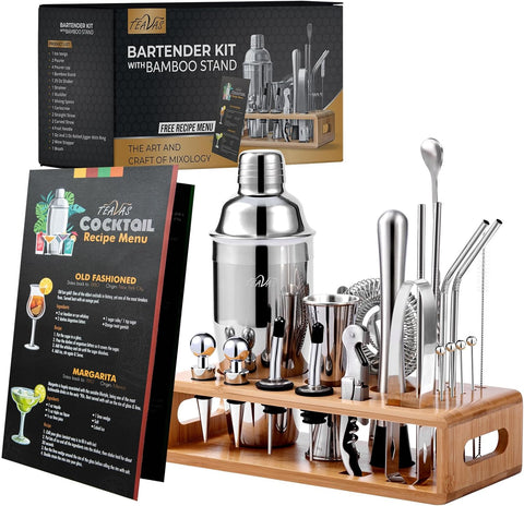 Mixology Bartender Kit with Japanese Jigger & Bamboo Stand - 25 Piece Stainless Steel Cocktail Making Set, Shaker