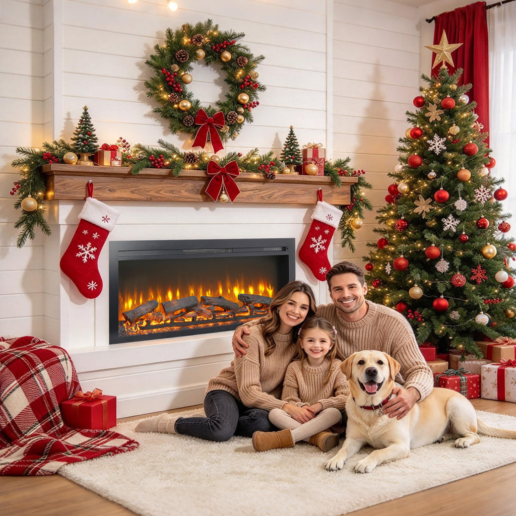 44" Electric Fireplace Insert, Realistic Flame & Resin Log, Adjustable Flame Brightness, Thermostat, Remote, Timer