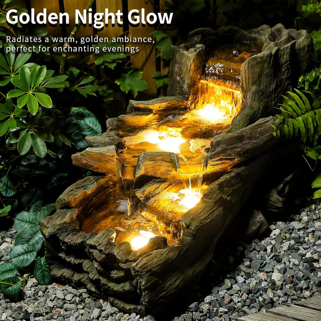 34.5" L Garden Outdoor Water Fountain, Floor Standing Wood Imitation Resin Natural Waterfall Fountains with LED Lights