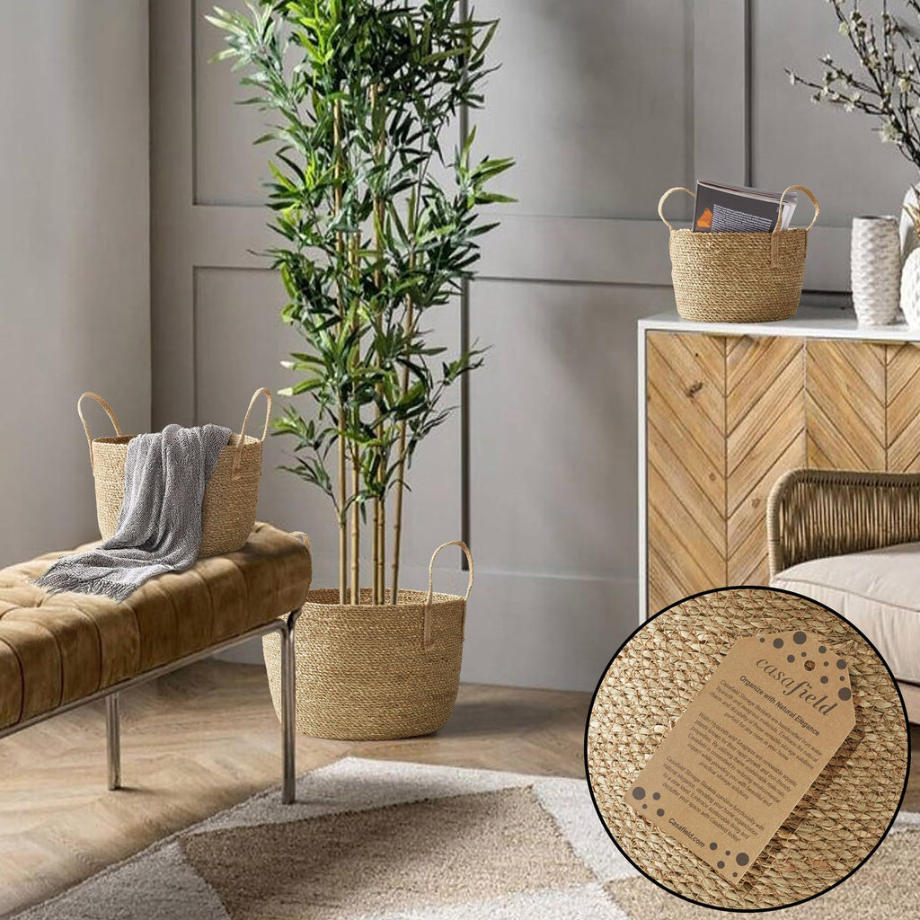 Set of 3 Braided Seagrass Baskets with Jute Handles - Natural, Woven Storage Basket Planters, Boho Decor