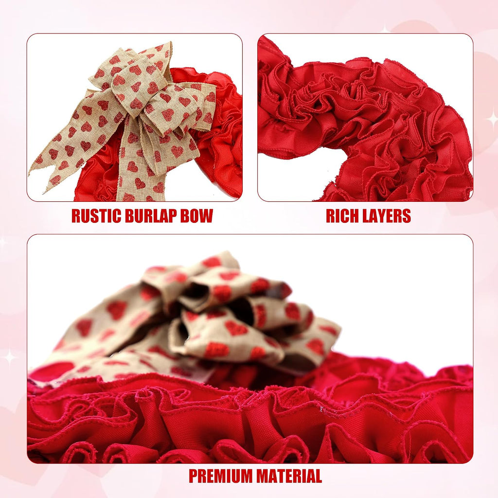 17.3'' Heart Wreath Red Burlap Heart Shaped Ornaments with Heart Pattern Bows for Front Door Wedding Party Decorations