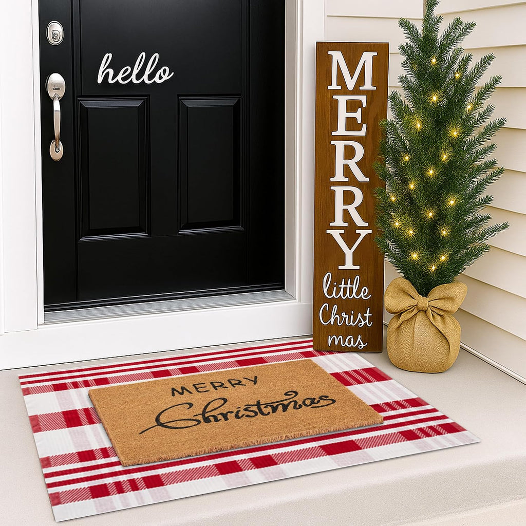 Christmas Door Mat Combo Set - 100% Coco Coir Welcome Mat + 28 x 43 Inch Red and White Diagonal Plaid Rug, Christmas