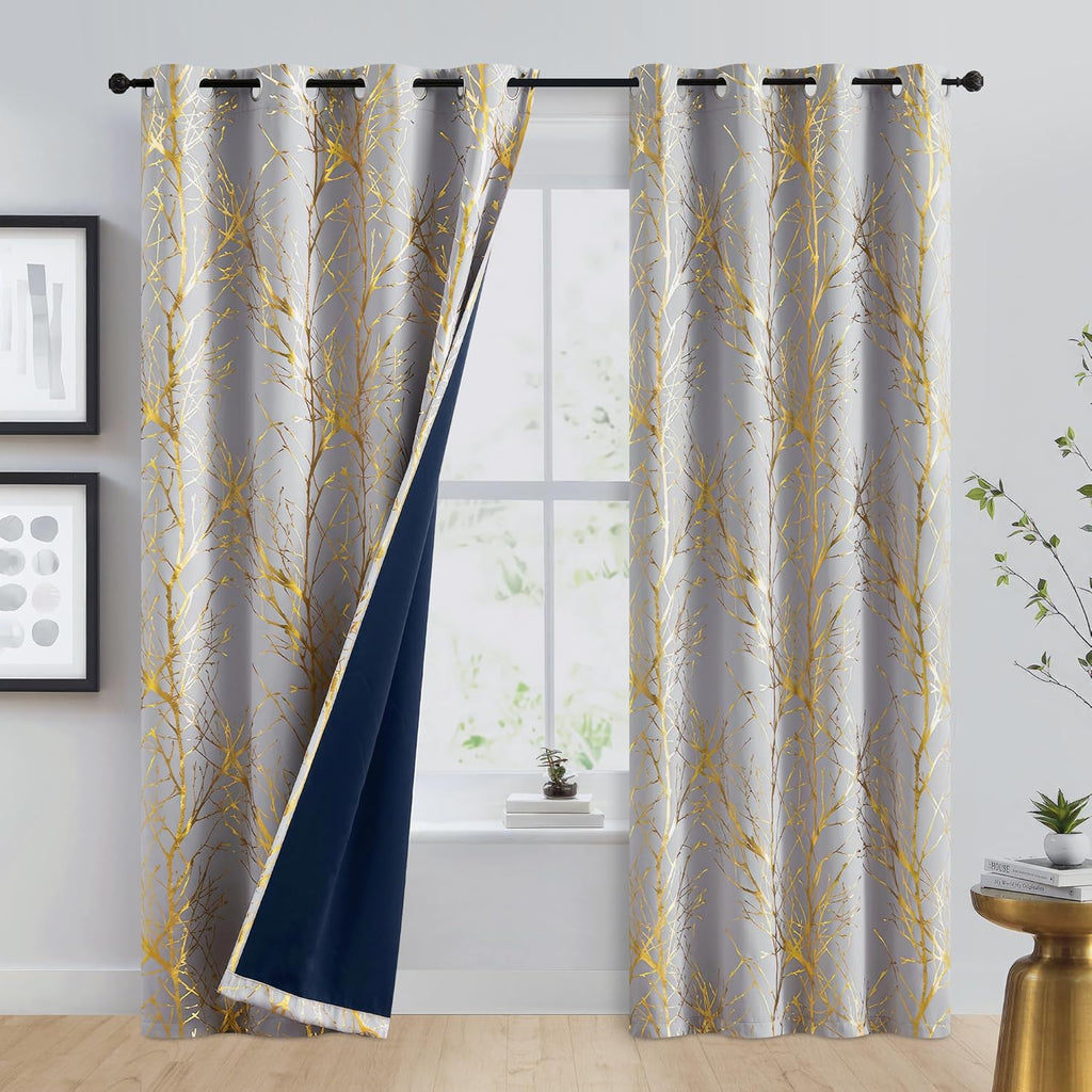 100% Blackout Curtains, Curtains 84 Inches Long Gold on Grey Tree Curtains, Gold Foil Room Darkening Thermal