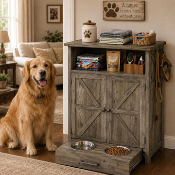 Dog Feeding Station with Storage Cabinet, Brown
