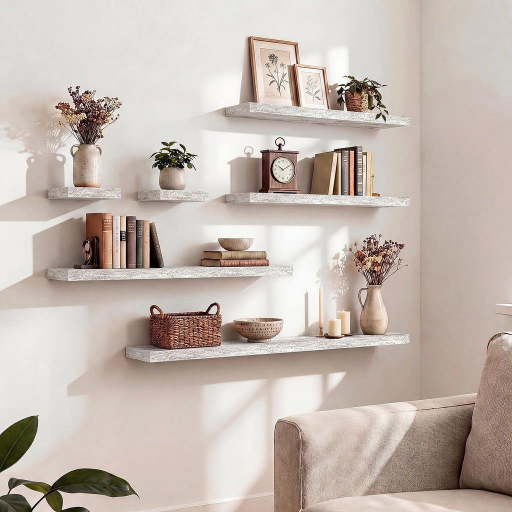 32" Floating Shelves for Wall, Wooden Wall Shelf, 2 Pack, Rustic White