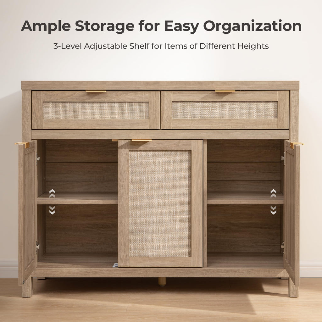 Rattan Sideboard Buffet Cabinet with Storage, Boho Credenza Accent