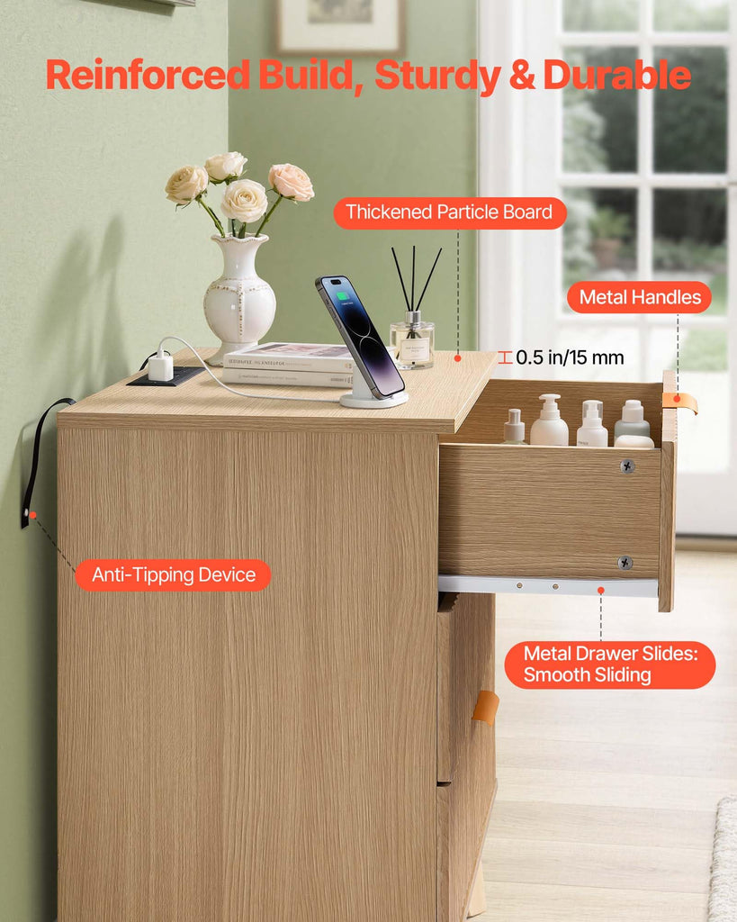 Fluted Nightstand 3 Drawer Dresser, 24" Wide Bedside Table with Charging Station, Mid Century Modern Night Stand with