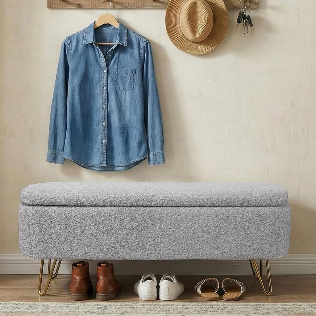 Ottoman with Storage, Small Boucle Storage Ottoman Bench,Upholstered Entryway End of Bed Bench with Cushion and Gold