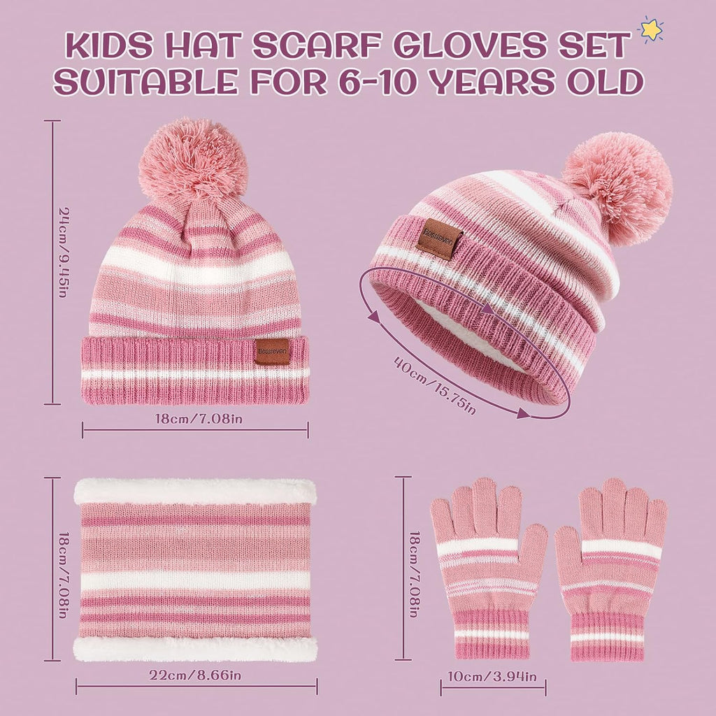 Kids Winter Hat Gloves Scarf Set: Girls Boys Beanie Fleece Lined